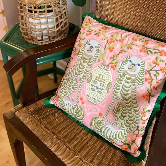 Pillow Cover Grandmillennial Monkeys - Pink Green Chinoiserie Staffordshire Dogs - Picture 16 of 17